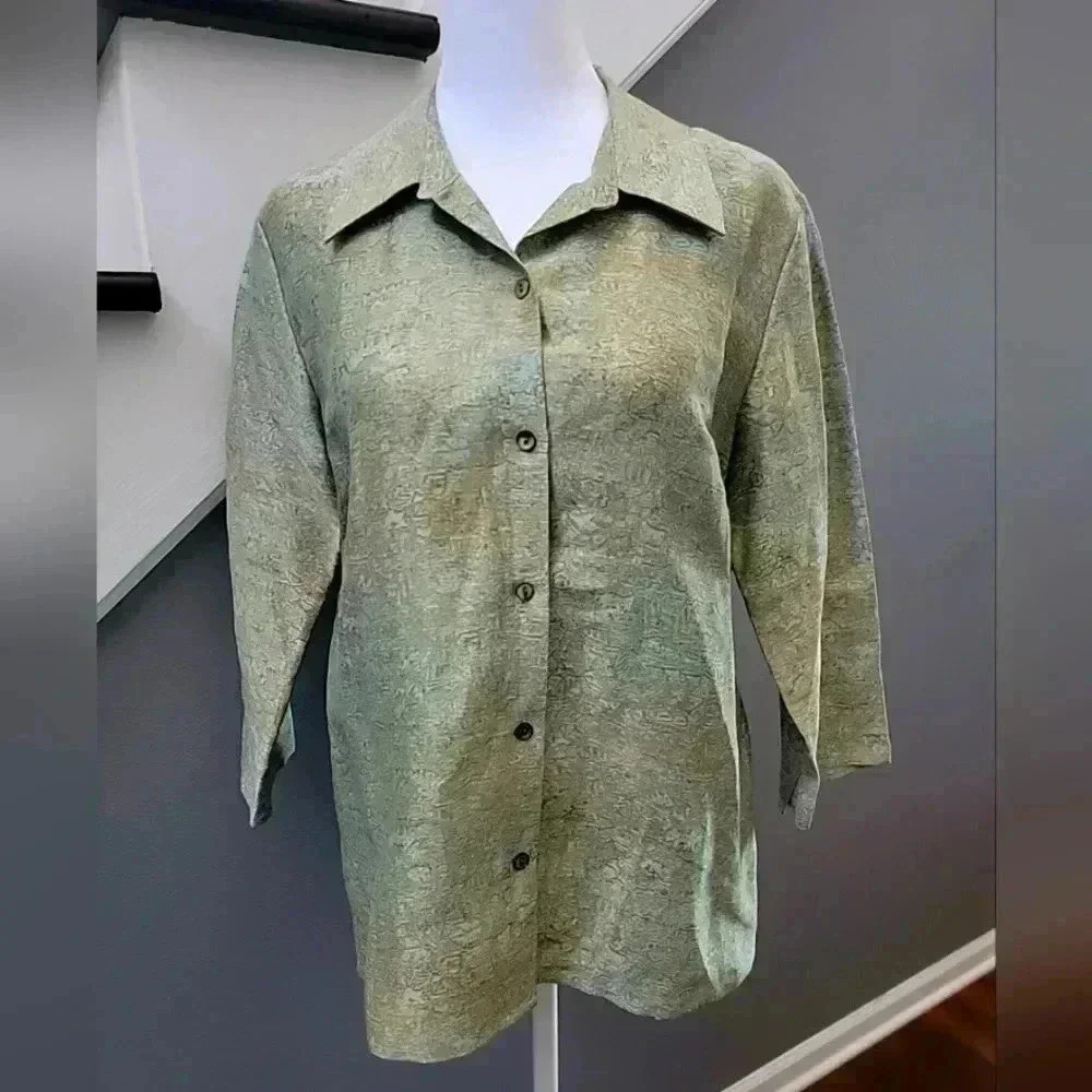 Sigrid Olsen Linen/Silk Blend Button-down Shirt Size 8 Green Career Lightweight